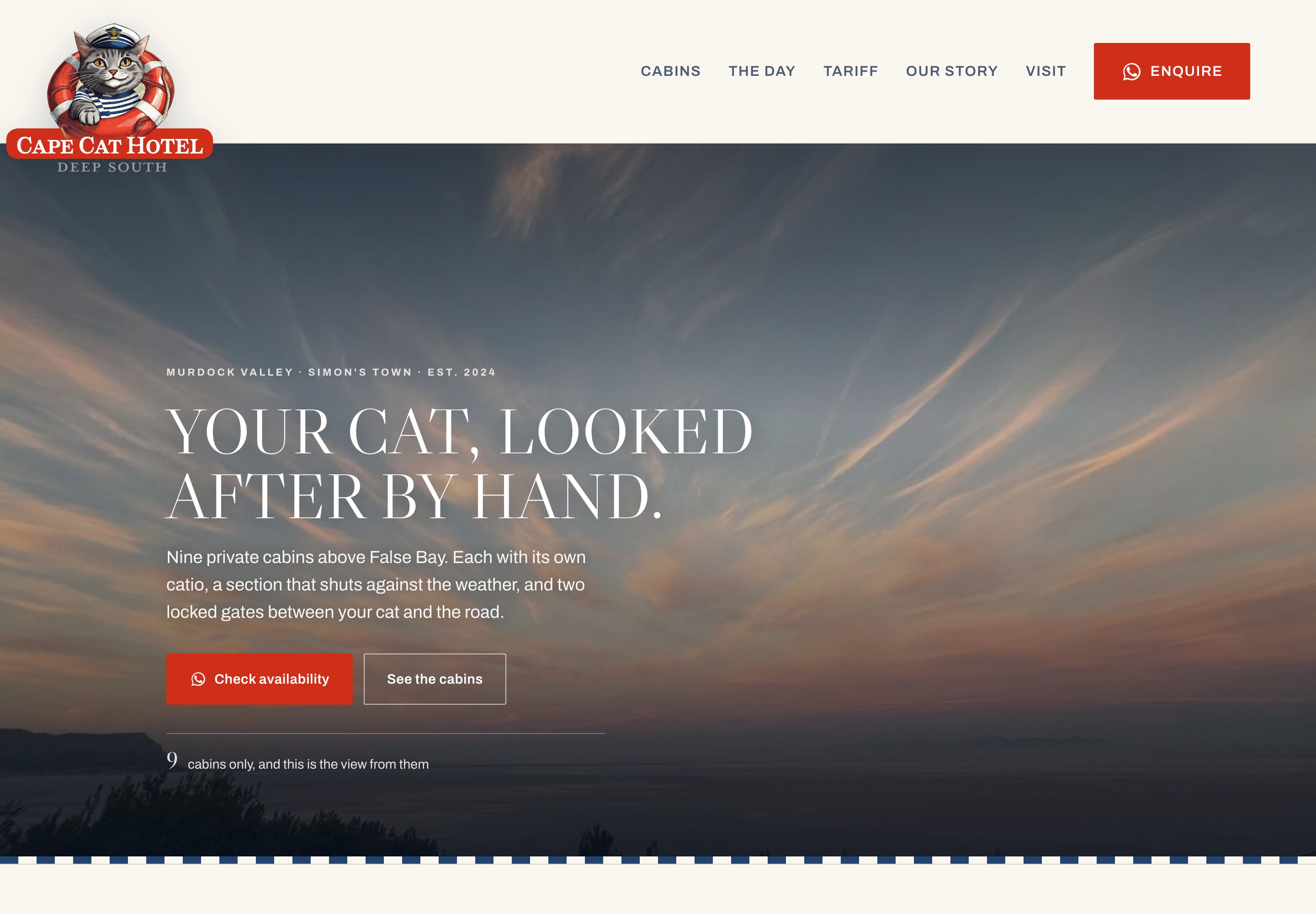 The Cape Cat Hotel website, showing sunset over False Bay